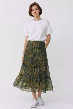 Hillard & Hanson Olive Green Bohemian Style Tiered Midi Skirt Bronze Thread